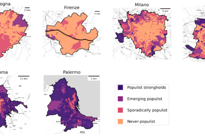 Map of populist strongholds in italy. Mappa quartieri che votano populisti