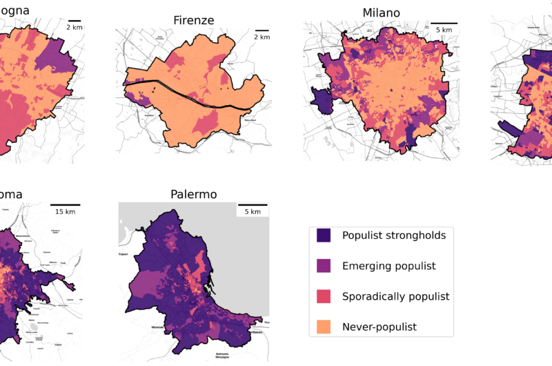 Map of populist strongholds in italy. Mappa quartieri che votano populisti